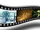 Film Announcement A wavy strip of film with three frames, each showing abstract graphics of film reels, the word film, and filmstrips in blue, yellow, and green tones—a vibrant style perfect for a movie news or film release announcement.