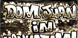 A bilingual production of Dom Juan to blow your chaussettes off! Graffiti-style text on a brick wall background reads DOM JUAN IN MANHATTAN in bold white letters with black outlines. The image has a sparkling effect, reflecting the lively atmosphere of this bilingual production.