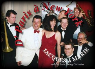 “Jaques et Marie”: Les Messagers de la Langue Française A lively band poses in formal wear; Jaques et Marie stand center stage. Other men in black suits hold brass instruments. Red and white text reads, D’ Paris à New York - Messagers de la Langue Française and the Paris Swing Orchestra.