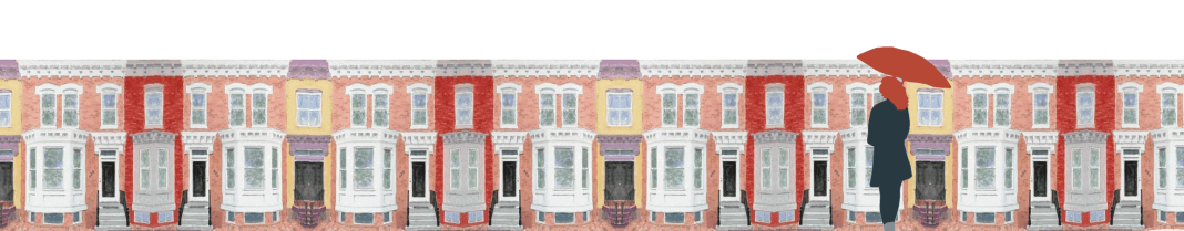 Une personne tenant un parapluie rouge passe devant des maisons mitoyennes colorées de style victorien, avec des baies vitrées et des détails ornementaux, par un temps pâle et couvert. La scène américaine semble prête à célébrer le jour de la Bastille, le tout dans un style aquarelle, peint à la main. 