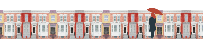 Une personne tenant un parapluie rouge passe devant des maisons mitoyennes colorées de style victorien, avec des baies vitrées et des détails ornementaux, par un temps pâle et couvert. La scène américaine semble prête à célébrer le jour de la Bastille, le tout dans un style aquarelle, peint à la main. 