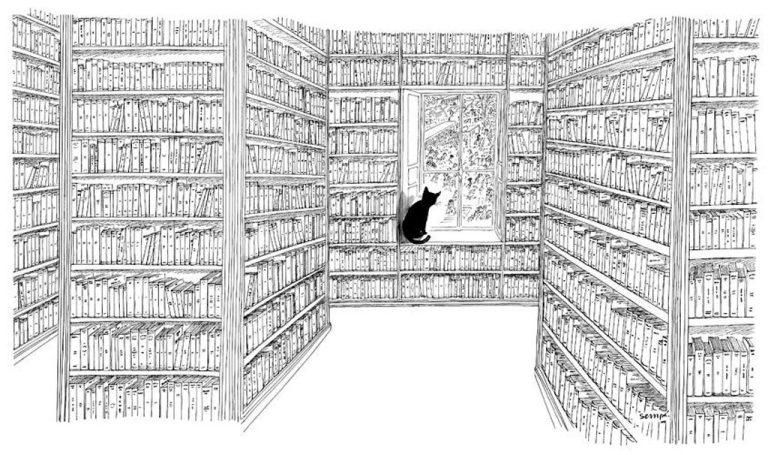 Un chat noir est assis sur le rebord de la fenêtre d'une bibliothèque confortable, éclairée par le soleil et remplie de hautes étagères, tandis que des arbres feuillus apparaissent à travers la fenêtre. Le dessin au trait détaillé en noir et blanc évoque le charmant style de dessin de Jean-Jacques Sempé. 
