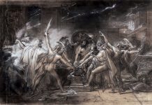 Exposition : Le peintre français Girodet est au Metropolitan Museum of Art An intense, dramatic scene reminiscent of Girodet, the peintre français, with eleven muscular, mostly nude men—some in helmets—raising swords in a dark, ancient city as lightning strikes above marble ruins, echoing masterpieces at the Metropolitan Museum of Art.