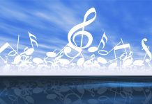 Un concert à la mémoire du 11-Septembre White musical notes and symbols float above a smooth, reflective water surface, blending into a blue sky with wispy clouds—a tranquil, artistic scene evoking the serene spirit of a concert hommage for commémoration 11-Septembre.