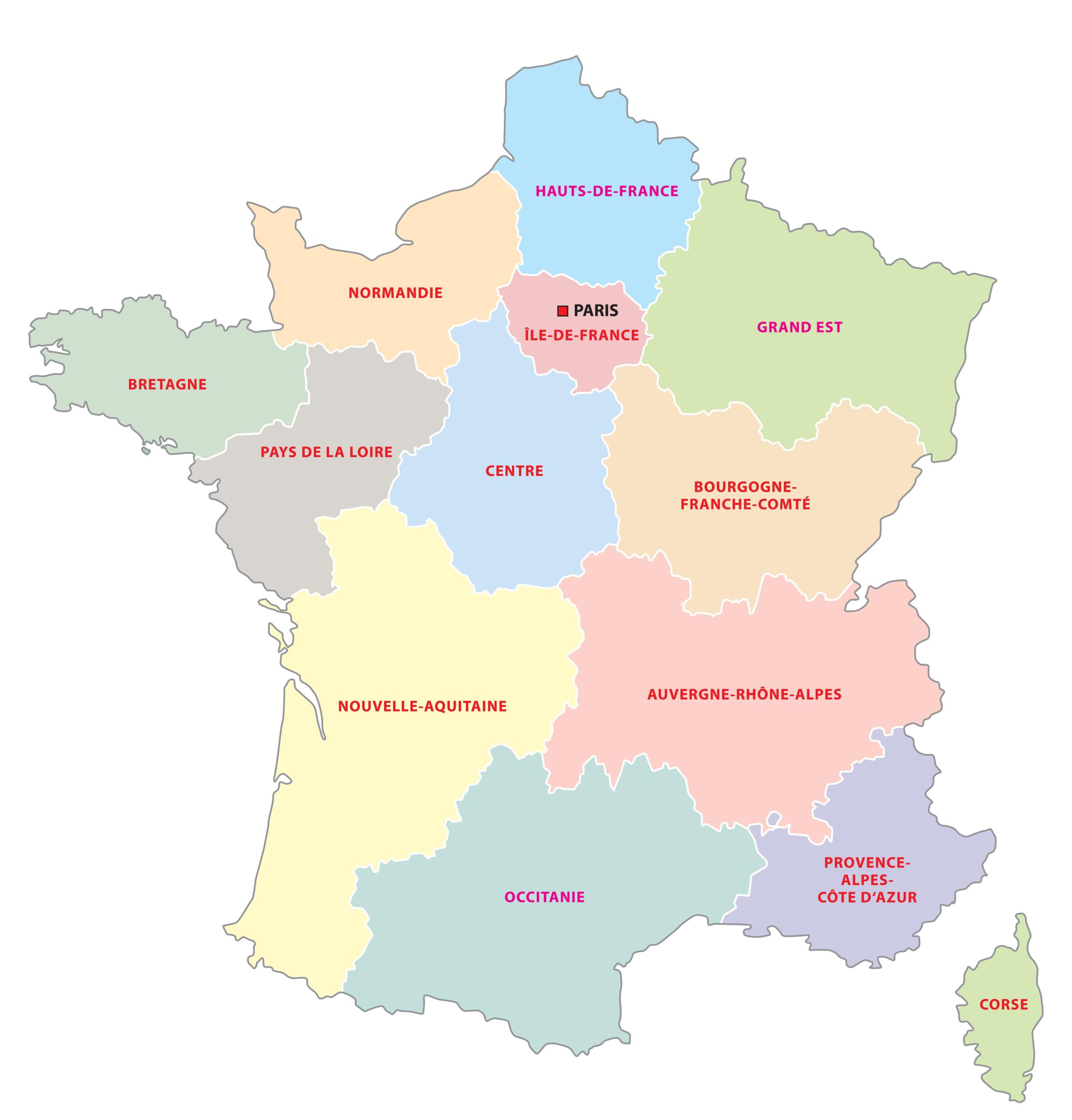 13 administrative regions of La France métropolitaine