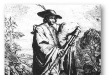 What “musette” means? A man in old-fashioned clothes and a feathered hat plays the musette, a type of bagpipe, while walking outdoors. A dog sits nearby, watching him. Trees and people are visible in the background of this black and white etching.