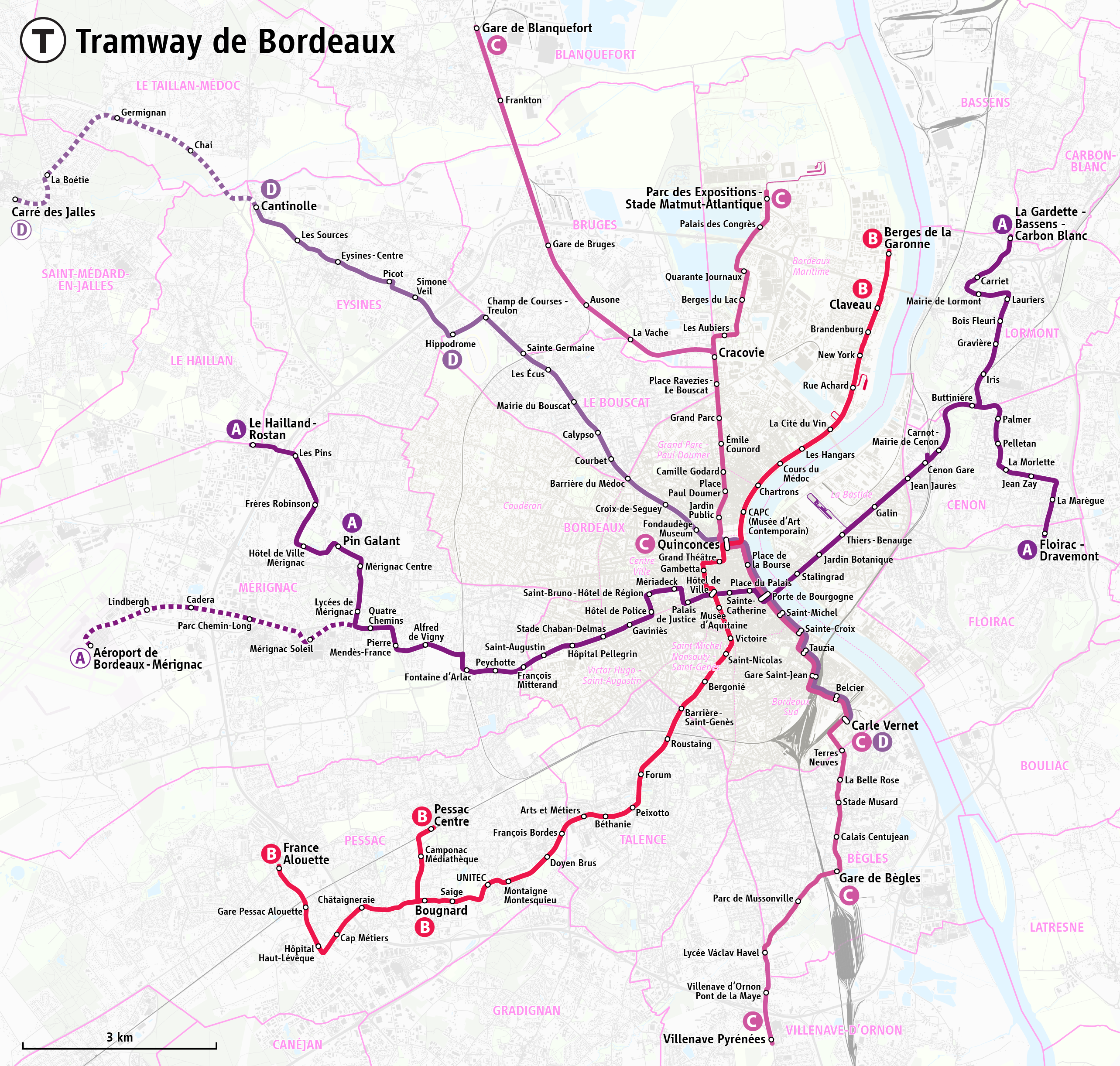 Tramway map Bordeaux Métropole