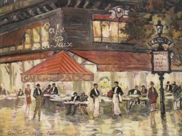 An impressionist painting shows a lively Paris street scene at night with people dining at outdoor tables under a red-striped awning labeled “Café de la Paix.” Absinthe drinkers mingle as waiters serve guests; warm light glows, reflecting on the wet pavement.