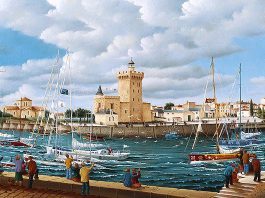 Le Vendée Globe A lively seaside town with sailboats—some recalling the spirit of the Vendée Globe—on choppy blue water, people on a stone quay, and historic buildings including a central tower and church under a partly cloudy sky. Flags decorate boats and waterfront.