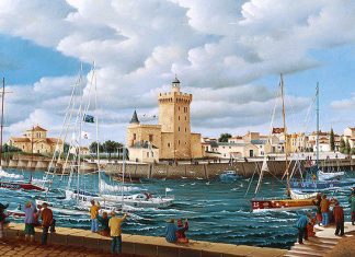 Le Vendée Globe A lively seaside town with sailboats—some recalling the spirit of the Vendée Globe—on choppy blue water, people on a stone quay, and historic buildings including a central tower and church under a partly cloudy sky. Flags decorate boats and waterfront.