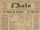Le Tour de France-The Inception A vintage French newspaper front page titled LAuto from 1903, featuring articles, illustrations of cyclists, and a central map showing the route of Le Tour de France at its inception. French text and headlines dominate the yellowed, aged paper.
