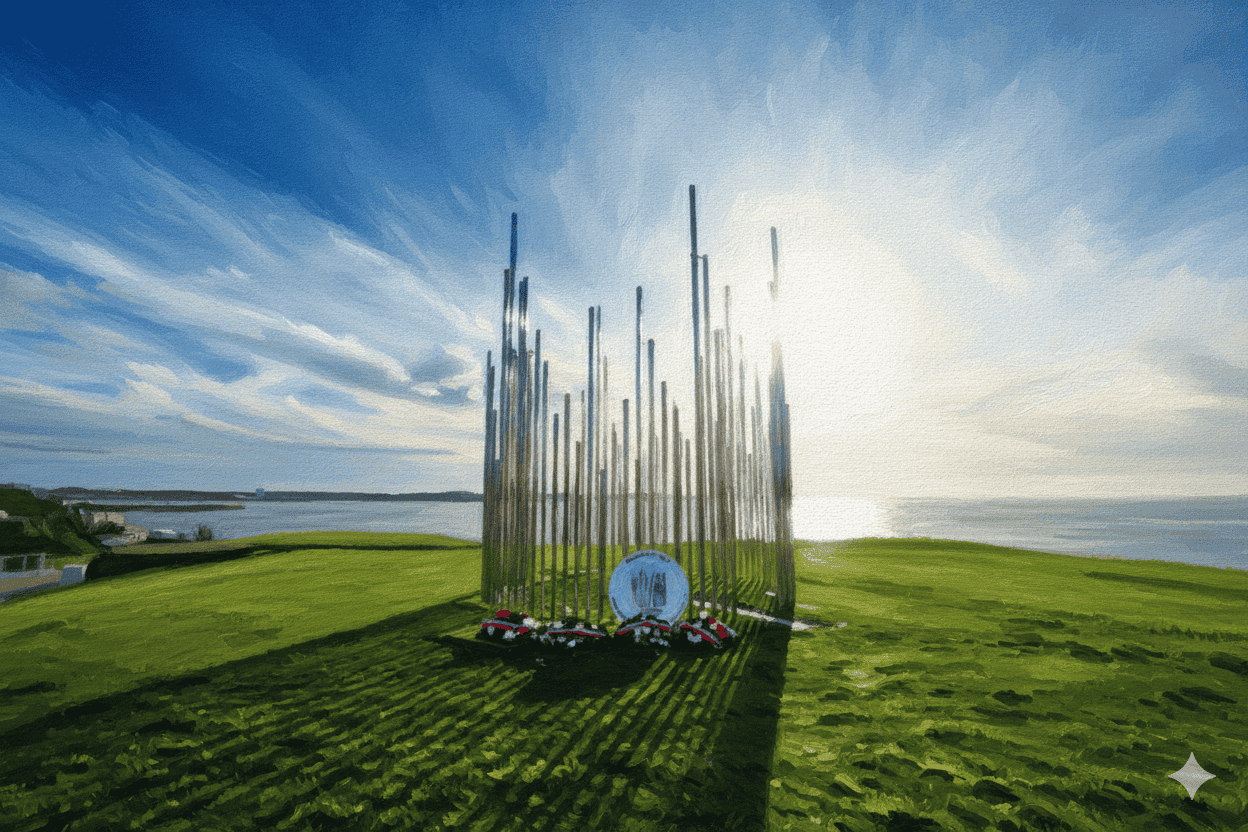 Memorial with metallic spires and floral wreaths at the base, rendered in a textured, painterly art style,