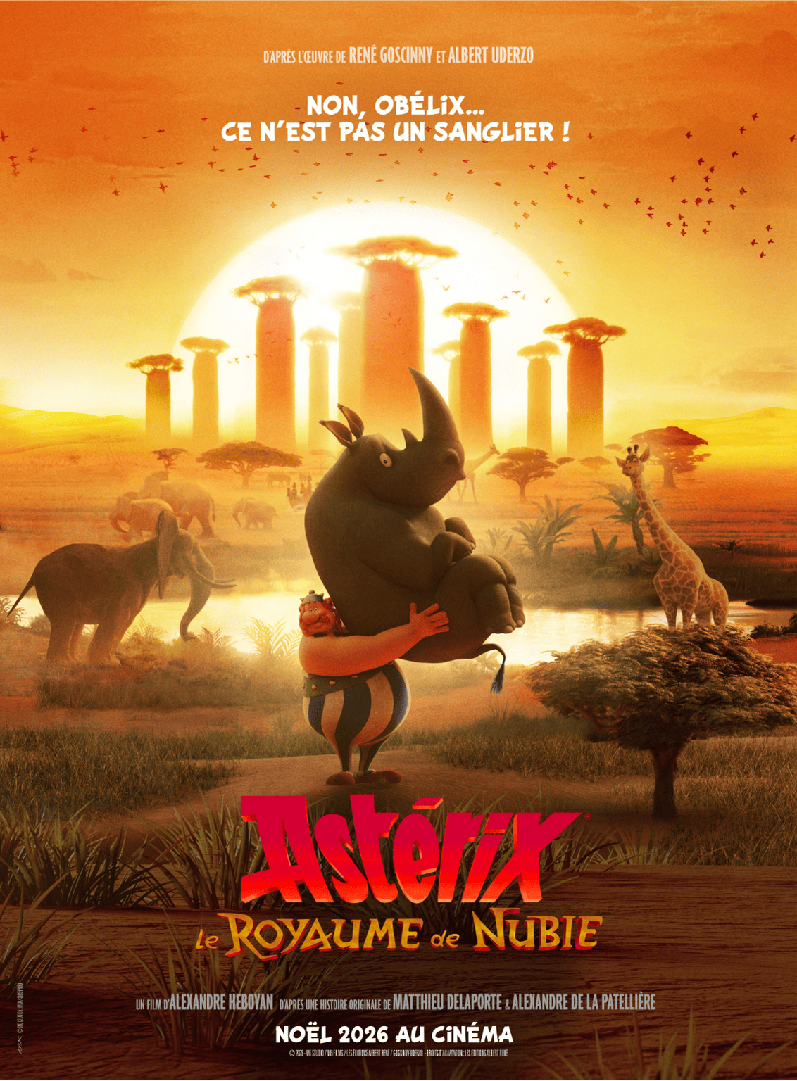 Official teaser poster for Astérix: Le Royaume de Nubie (2026), showing Obelix carrying a rhinoceros in a sunset African savanna.