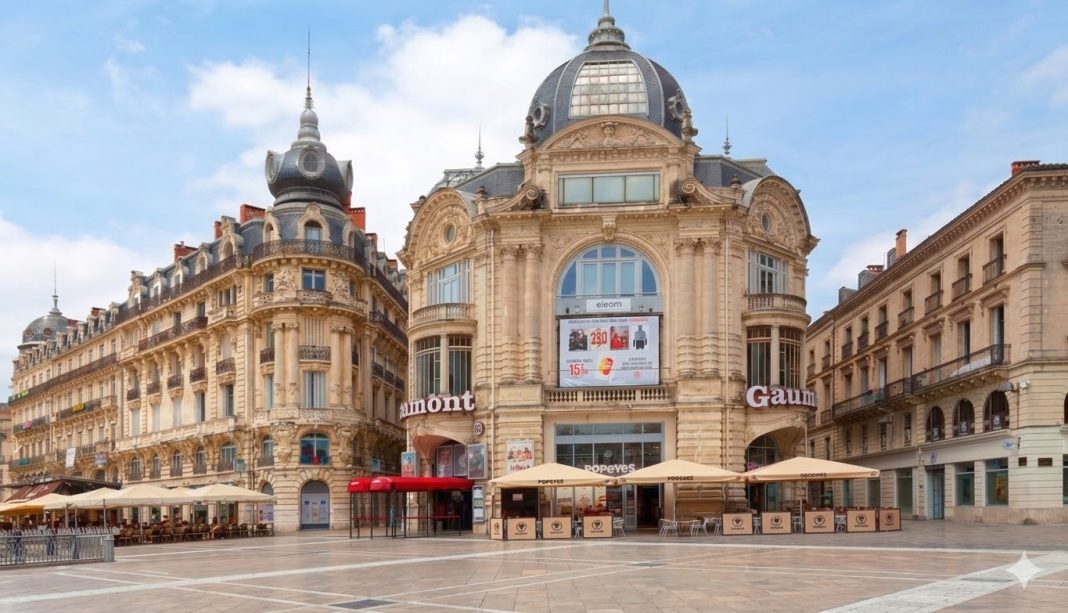 A wide, high-angle view of the historic Gaumont cinema building at the Place de la Comédie in Montpellier, France. The ornate, sand-colored stone architecture features classical domes and grand arched windows. The foreground is a vast, empty pedestrian plaza under a bright, partly cloudy blue sky, with outdoor seating area.