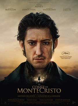 Official movie poster for 'Le Comte de Monte-Cristo' (2024), featuring Pierre Niney in a dramatic close-up. He appears in a dark and stormy background, capturing the essence of Alexandre Dumas' classic revenge tale.